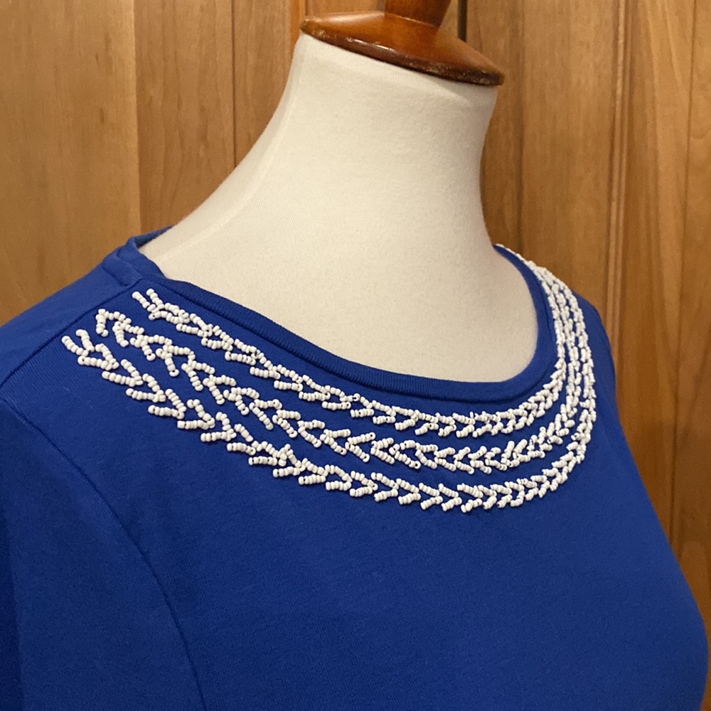 Talbots - Petites - Blue Scoop-Neck Tee/White Beaded Neckline Detail - EUC - XLP - Picture 11 of 14